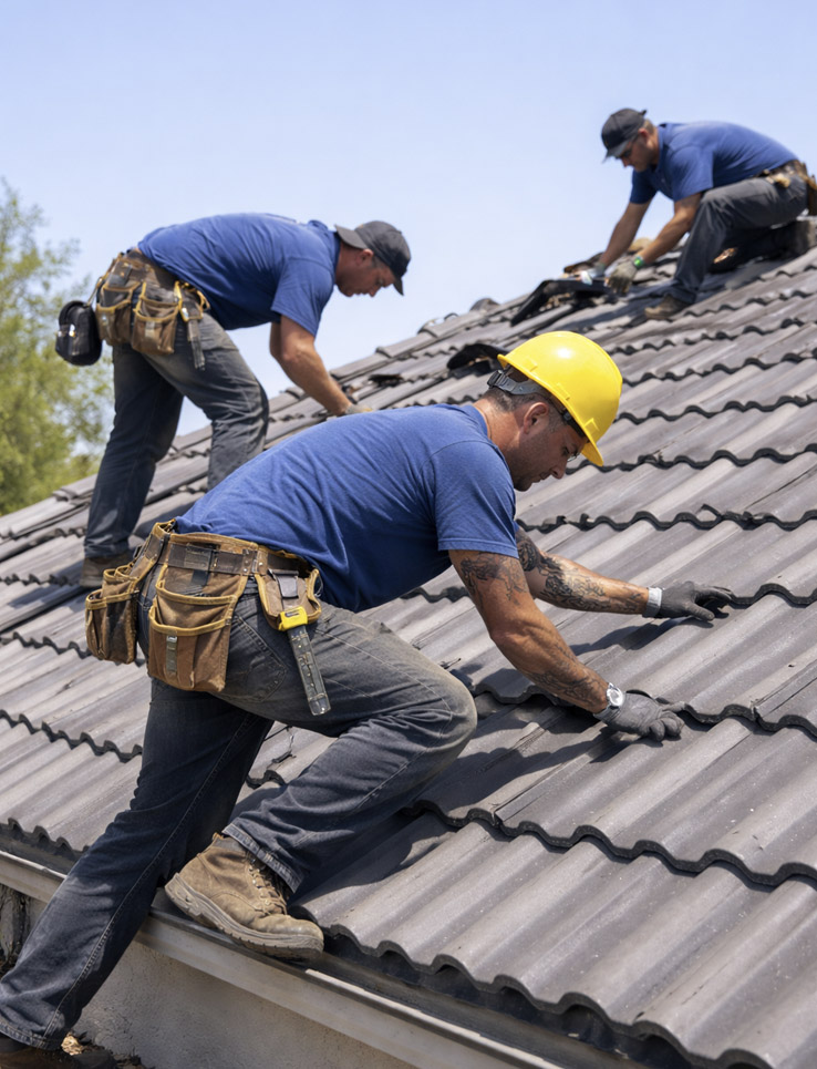 Phoenix roofing company crew working on residential roof replacement Phoenix roofing company crew working on residential roof replacement